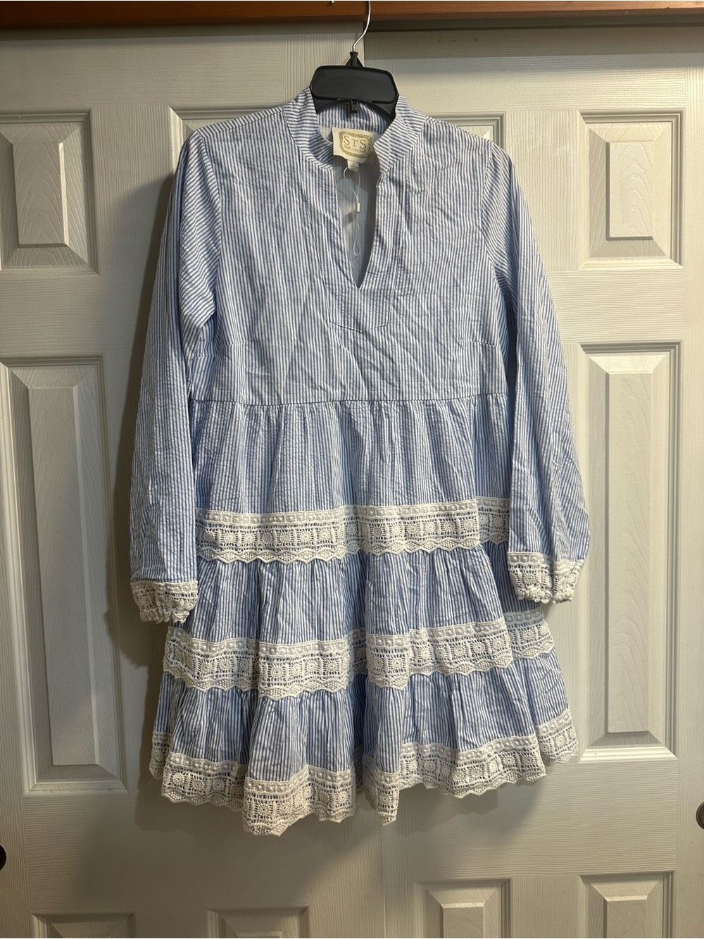 Sail to Sable Blue and White Striped Lace-Trim Mini Dress